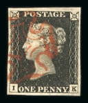 Stamp of Great Britain » 1840 1d Black and 1d Red plates 1a to 11 1840 1d black pl.4 IK with four margins and red MC