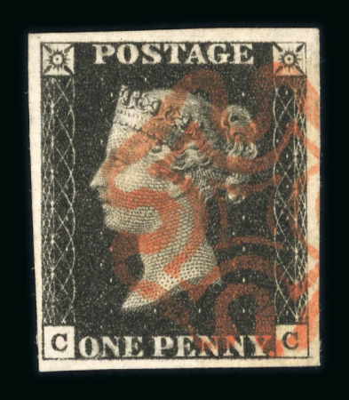 1840 Penny Black. A group of eighteen examples on stockcards, each a fine four-margin stamp cancelled by red Maltese Crosses