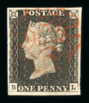 1840 Penny Black. A group of eighteen examples on stockcards, each a fine four-margin stamp cancelled by red Maltese Crosses