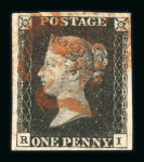 1840 1d Black. A range of eighteen examples, each with four margins and red Maltese Cross cancellations