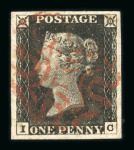 1840 Penny Black. A selection of eighteen examples comprising fine four-margin stamps all cancelled by red Maltese Crosses