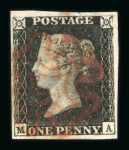 1840 Penny Black. A selection of eighteen examples comprising fine four-margin stamps all cancelled by red Maltese Crosses
