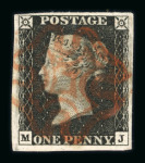 1840 1d Black. A range of 24 examples, each with four margins and cancelled by a red Maltese Cross