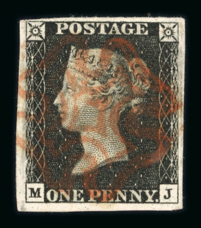 1840 1d Black. A range of 24 examples, each with four margins and cancelled by a red Maltese Cross