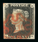 1840 1d Black. A range of 24 examples, each with four margins and cancelled by a red Maltese Cross
