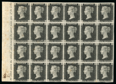 Stamp of Great Britain » 1840 1d Black and 1d Red plates 1a to 11 1840 1d black pl.7 IA-LF, the magnificent mint marginal block of twenty four from the left side of the sheet with part inscription "the labels ABOVE the address and towards the RIGHT HAND SIDE of the letter"