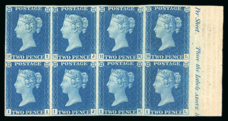 1840 2d blue pl.1 HI-IL, the superb marginal block of eight from the right hand of the sheet with part inscription