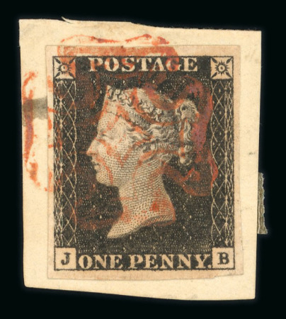 Stamp of Great Britain » 1840 1d Black and 1d Red plates 1a to 11 1840 1d black pl.1a JB with four margins on small piece tied orange MC