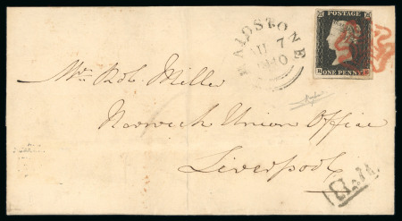 Stamp of Great Britain » 1840 1d Black and 1d Red plates 1a to 11 1840 1d black pl.2 RE with good to large margins on coverfrom Maidstone to Liverpool tied neat orange-red MC