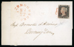 1840 1d Black Plate 1a (RJ). A fine example with four margins on large part entire from Redditch to Birmingham