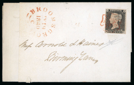 1840 1d Black Plate 1a (RJ). A fine example with four margins on large part entire from Redditch to Birmingham