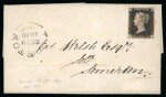 1840 1d Black Plate 5 (AA). A fine example with good to large margins on a neat entire letter to Somerton, neatly tied by a fine brownish-red Maltese Cross