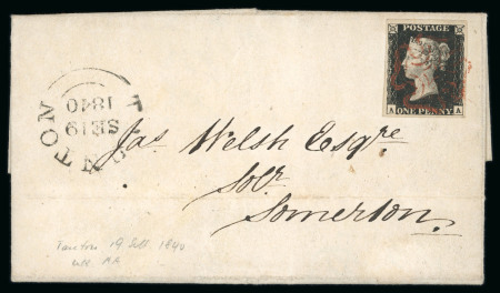 1840 1d Black Plate 5 (AA). A fine example with good to large margins on a neat entire letter to Somerton, neatly tied by a fine brownish-red Maltese Cross