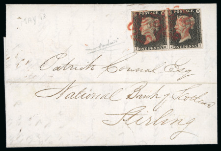 1840 1d black pl.1a in horizontal pair with good margins on cover from Glasgow to Stirling tied red MC cancels (Scotland)