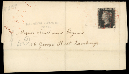 1840 1d black pl.6 HL on cover front with four margins with pencil notation states "Dalkeith crimson cross"