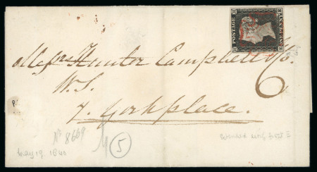 1840 1d black pl.1a EE with four margins on cover (affixed sideways) sent within Edinburgh on May 18th 1840