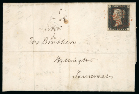 Stamp of Great Britain » 1840 1d Black and 2d Blue "May Dates" 1840 1d black pl.2 JI with four margins on entire to Somerset from Bishopsgate, MY 27 1840 departure