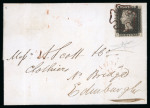 1840 1d Black Plate 5 (SI). A fine example with four margins on cover from Haddington to Edinburgh tied by a crisp brown Maltese Cross.