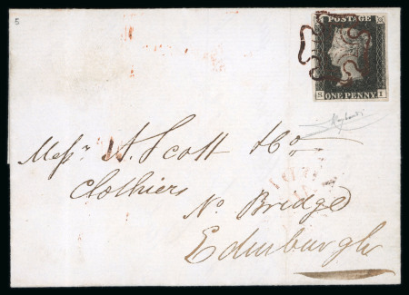 1840 1d Black Plate 5 (SI). A fine example with four margins on cover from Haddington to Edinburgh tied by a crisp brown Maltese Cross.