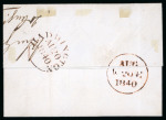 1840 1d Black Plate 5 (SI). A fine example with four margins on cover from Haddington to Edinburgh tied by a crisp brown Maltese Cross.