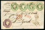 Stamp of Great Britain » 1847-54 Embossed 1856 (Apr 25) Registered cover to New York bearing 1s embossed in horizontal strip of four with clear to good margins and 6d mauve with close to large margins, tied Liverpool registered spoon cancels