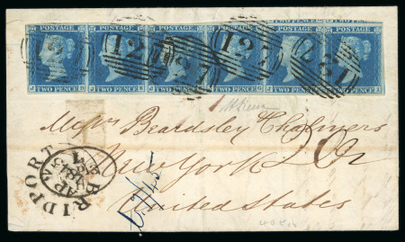 Stamp of Great Britain » 1841 2d Blue 1845 (Apr 2) cover to New York bearing 1841 2d blue JD-JI in horizontal strip of six, transatlantic usage.