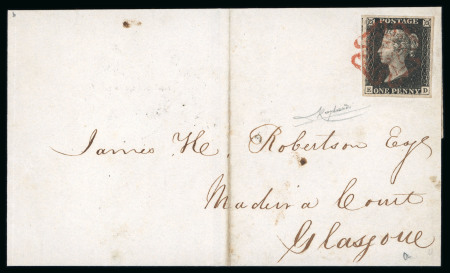 Stamp of Great Britain » 1840 1d Black and 1d Red plates 1a to 11 1840 1d black pl.4 ED with four margins on cover from Greenock to Glasgow
