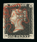 1840 Penny Black. A selection of twelve examples, each with four margins and mostly very fine strikes of the red Maltese Cross