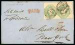 Stamp of Great Britain » 1847-54 Embossed 1849 (Nov 10) wrapper from Liverpool to New York with 1847-64 1s Embossed pale green top right corner marginal pair