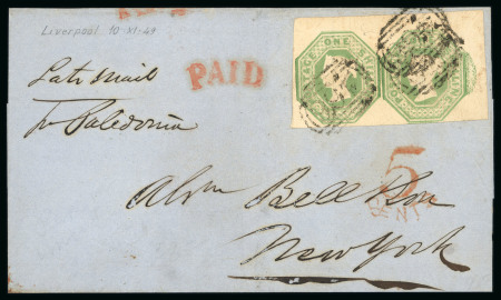 Stamp of Great Britain » 1847-54 Embossed 1849 (Nov 10) wrapper from Liverpool to New York with 1847-64 1s Embossed pale green top right corner marginal pair