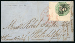 Stamp of Great Britain » 1847-54 Embossed 1854 (Feb 16) wrapper from Derry, Ireland, to Philadelphia, USA, with 1847-54 1s Embossed green top left corner marginal