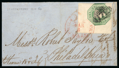 Stamp of Great Britain » 1847-54 Embossed 1854 (Feb 16) wrapper from Derry, Ireland, to Philadelphia, USA, with 1847-54 1s Embossed green top left corner marginal