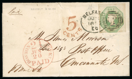 Stamp of Great Britain » 1847-54 Embossed GB 1856 (Jun 5) wrapper from Belfast, Ireland, to Cincinnati, USA, with 1847-54 1s Embossed pale green with Belfast spoon cancel