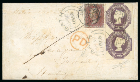 Stamp of Great Britain » 1847-54 Embossed 1856 (Apr 30) envelope from Bath to Tuscany, Italy, with 1847-54 6d vertical pair