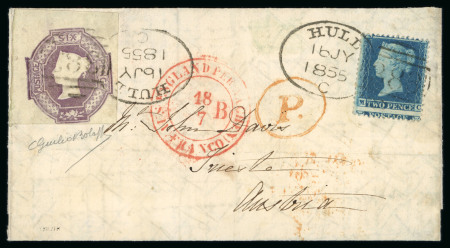 Stamp of Great Britain » 1847-54 Embossed 1855 (Jul 16) entire (cross-written) from Hull to Trieste, Austria, with 1847-54 6d top left corner marginal and 2d pl.5