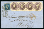 Stamp of Great Britain » 1847-54 Embossed 1856 (May 12) wrapper from Leeds to Italy with 1847-54 6d dull lilac strip of four