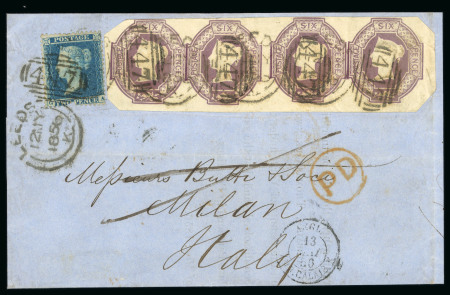 Stamp of Great Britain » 1847-54 Embossed 1856 (May 12) wrapper from Leeds to Italy with 1847-54 6d dull lilac strip of four