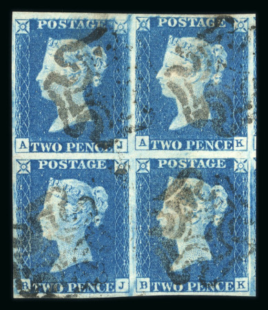 1840 2d Blue Plate 1 (AJ–BK). A rare block of four,