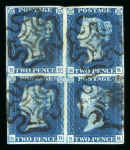 Stamp of Great Britain » 1840 2d Blue (ordered by plate number) 1840 2d deep blue pl.2, BD-SE block of four in a strong