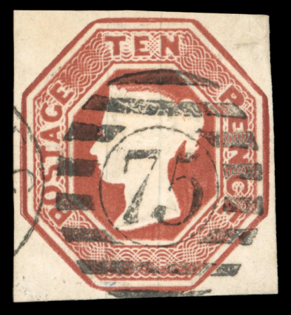 Stamp of Great Britain » 1847-54 Embossed 1847–54 10d Brown, used with London “75” duplex—a rare usage during the 1863 reissue period