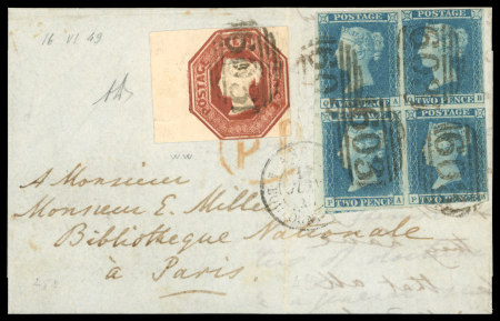1849 (16 Jun) folded letter sheet from Oxford to Paris. Franked with 1847–54 10d Brown Embossed, left-hand sheet marginal example with close margins, together with 1841 2d Blue block of four. All tied by “603” numeral ca