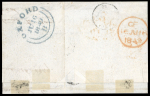 1849 (16 Jun) folded letter sheet from Oxford to Paris. Franked with 1847–54 10d Brown Embossed, left-hand sheet marginal example with close margins, together with 1841 2d Blue block of four. All tied by “603” numeral ca