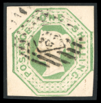 1847–54 1s Pale Green and Green. A selection of seven used singles, mostly with large to very large margins, two showing sheet margins. Four examples are affixed to a cover from which a fifth stamp is missing. A fine and