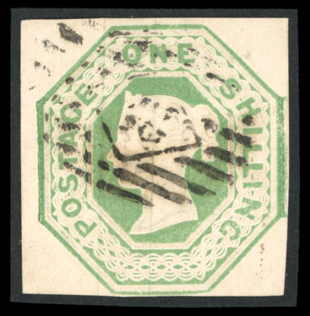 1847–54 1s Pale Green and Green. A selection of seven used singles, mostly with large to very large margins, two showing sheet margins. Four examples are affixed to a cover from which a fifth stamp is missing. A fine and