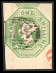 1847–54 1s Pale Green and Green. A selection of seven used singles, mostly with large to very large margins, two showing sheet margins. Four examples are affixed to a cover from which a fifth stamp is missing. A fine and