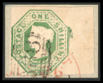 1847–54 1s Pale Green and Green. A selection of seven used singles, mostly with large to very large margins, two showing sheet margins. Four examples are affixed to a cover from which a fifth stamp is missing. A fine and