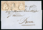 Stamp of Switzerland / Schweiz » Sitzende Helvetia Ungezähnt » Dünnes Papier 1858, 5 Rp. braun im waagerechten Dreierstreifen, 1. Berner Druckperiode auf sehr dünnem Papier