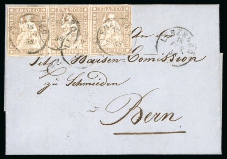 Stamp of Switzerland / Schweiz » Sitzende Helvetia Ungezähnt » Dünnes Papier 1858, 5 Rp. braun im waagerechten Dreierstreifen, 1. Berner Druckperiode auf sehr dünnem Papier