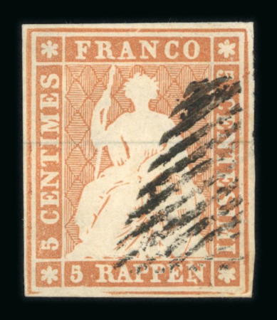Stamp of Switzerland / Schweiz » Sitzende Helvetia Ungezähnt » Münchner Druck, 1. Auflage 1854, 5 Rp. braun, 1. Münchner Druckperiode
