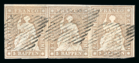 1856, 5 Rp. braun, 1. Berner Druckperiode im waagerechten Dreierstreifen